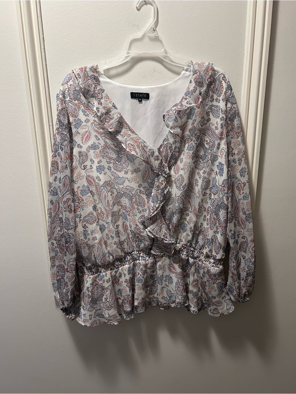 1. State White Paisley Ruffle Wrap Blouse with Blue and Coral Accents